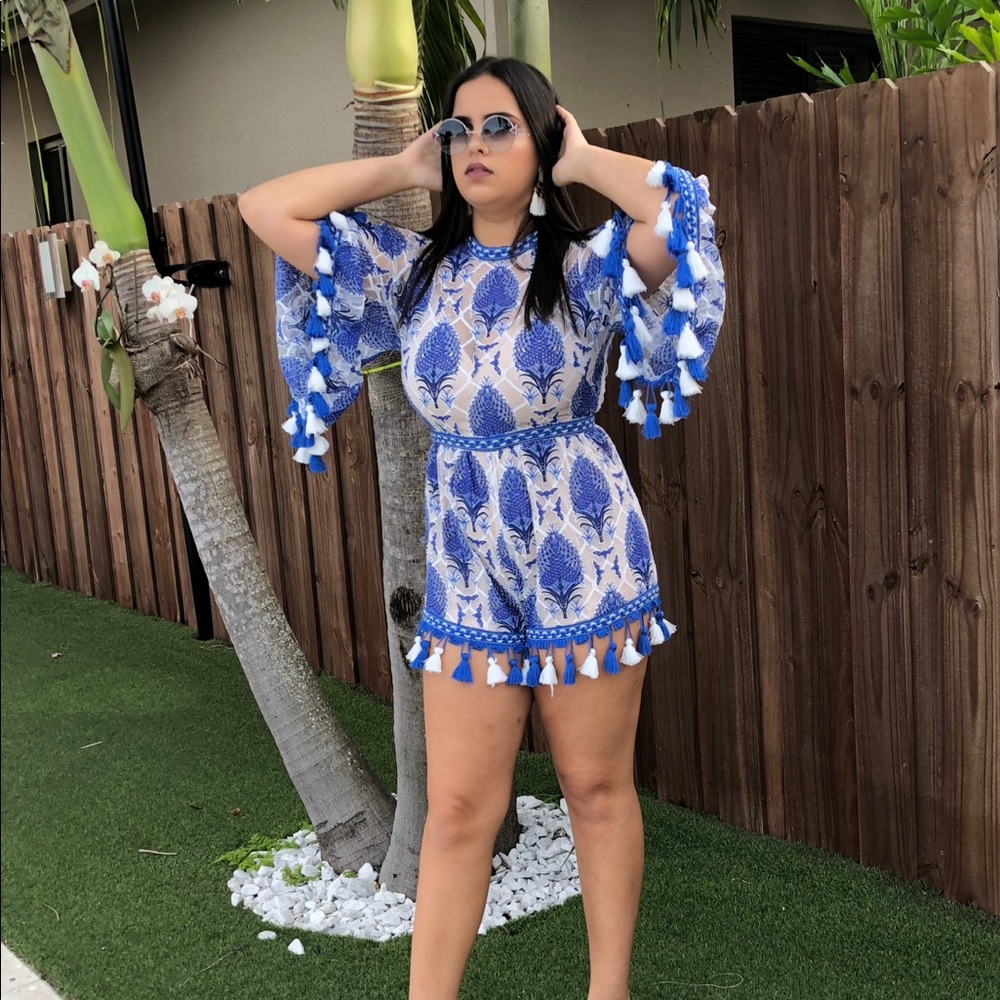 Blue and white tassel romper